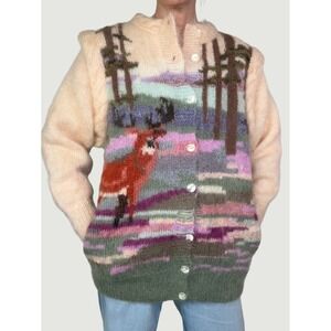 Susie Lee Covent Garden Mohair Cardigan Sweater Wool Woodland Deer Forest L